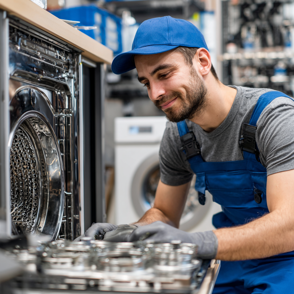 Professional washer repair technician working on washing machine